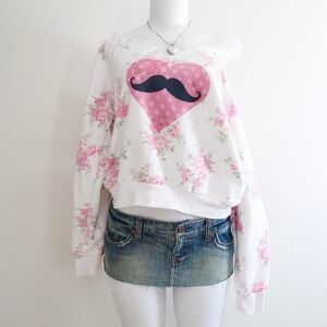y2k floral mustache heart off shoulder sweatshirt size M